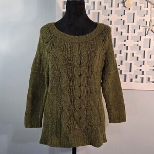 LOFT Olive Green Cable Knit Wool Blend Sweater Size L Fuzzy Tunic Pullover